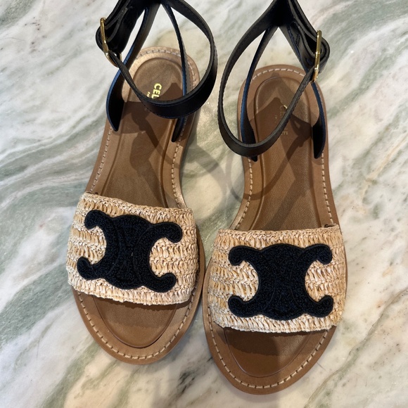 Brand new Celine leather and raffia Triomphe Sandals - Picture 1 of 2
